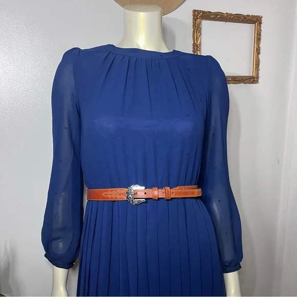 Vintage Ralph Baker Dress Navy Blue Pleated Skirt Chiffon Midi Dres Midi Size 6 - Picture 10 of 16